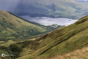 Looking down the steep slope to Glen Douglass from Beinn Dubh