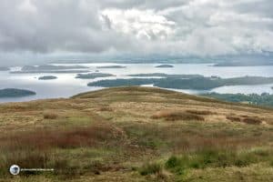 Clear of the trees, there is a long grassy climb to the summit.